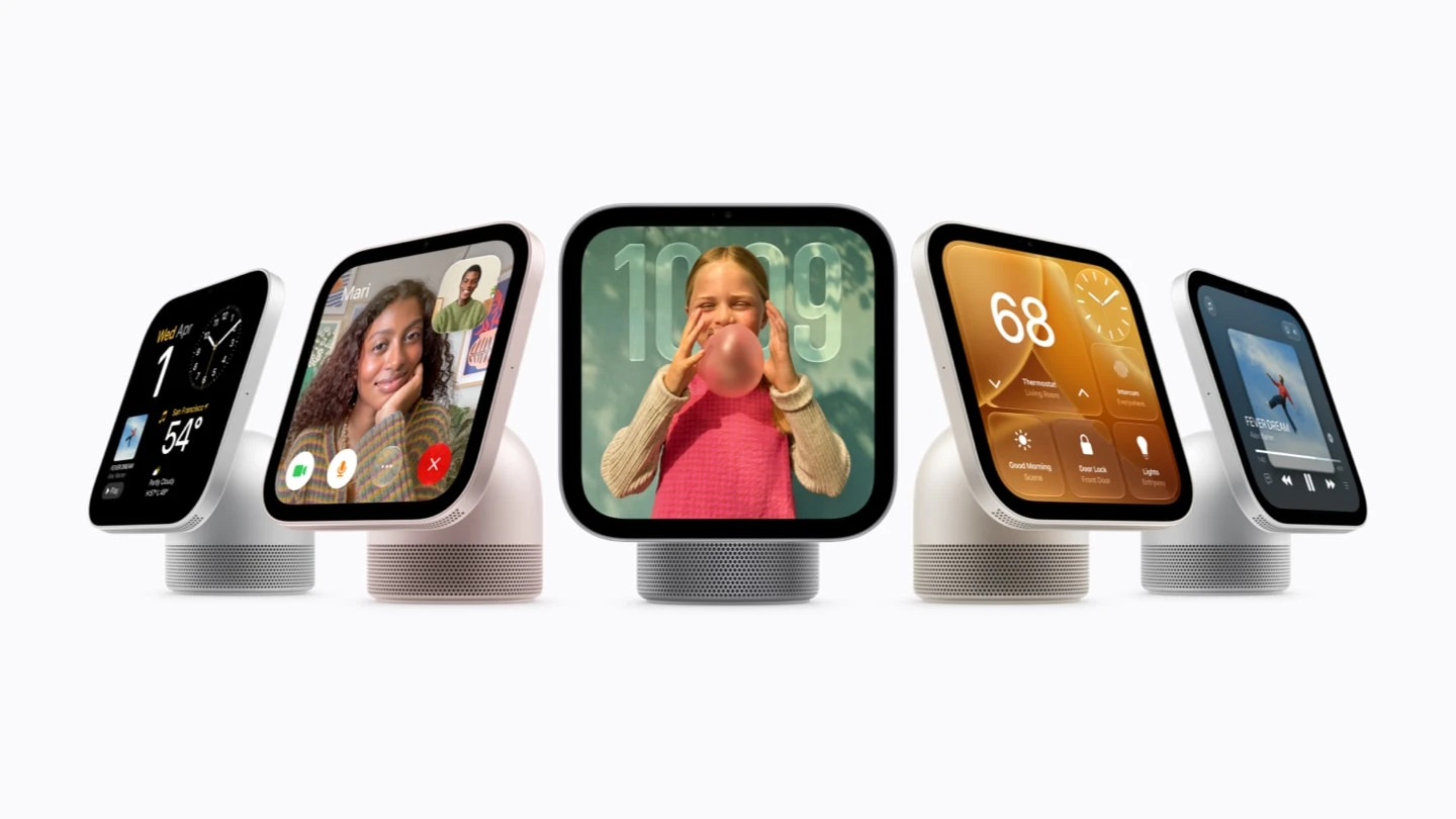 Pět přístrojů Apple HomeView vedle sebe, každý s jinou obrazovkou: hodiny s počasím, hovor přes FaceTime, fotografie, ovládání chytré domácnosti s termostatem a zámkem a přehrávání hudby