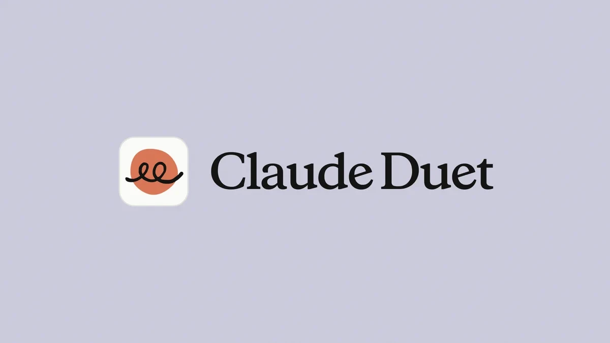 Logo aplikace Claude Duet: oranžový kruh s černou smyčkou a nápis Claude Duet na světle fialovém pozadí
