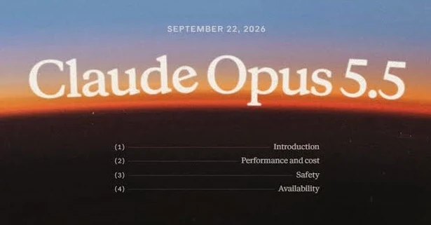 Oficiální vizuál k uvedení Claude Opus 5.5 s datem 22. září 2026 a obsahem oznámení: úvod, výkon a cena, bezpečnost a dostupnost