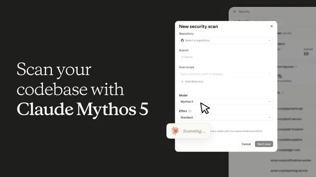 Snímek obrazovky z Claude Security s nápisem Scan your codebase with Claude Mythos 5. Dialog Nový bezpečnostní sken nabízí výběr repozitáře, větve a rozsahu skenu, v poli Model je zvolený Mythos 5 a v poli Effort hodnota Standard. Vlevo dole probíhá skenování.
