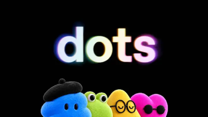 Oficiální vizuál agentů Dots od OpenAI: duhový nápis dots a pod ním čtyři chlupaté barevné postavičky, modrá v baretu, zelená žabka, žlutá s brýlemi a růžové srdce se slunečními brýlemi